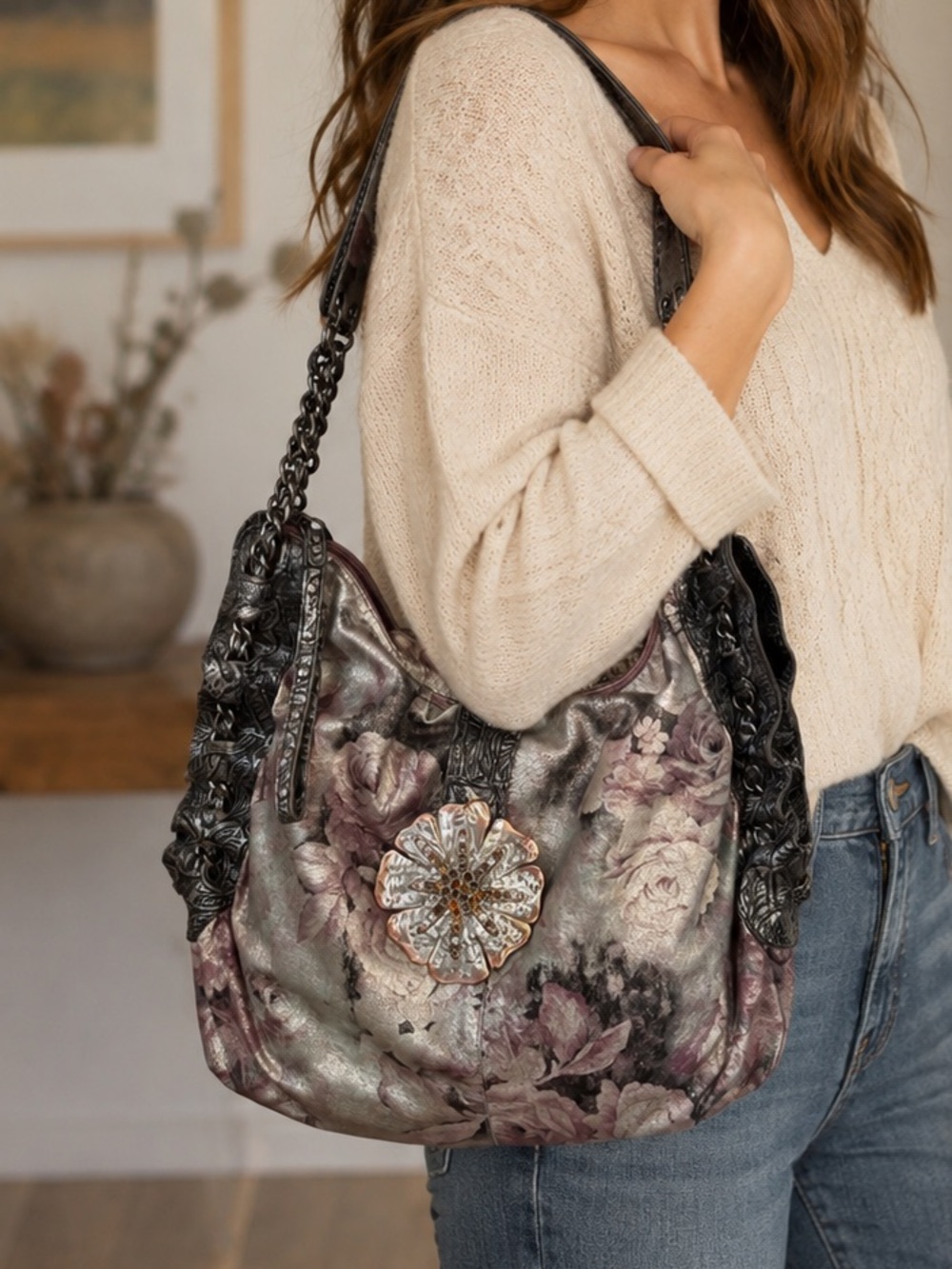 Vintage Sharif Studio Metallic Leather Floral Shoulder Bag Purse Flower Boho